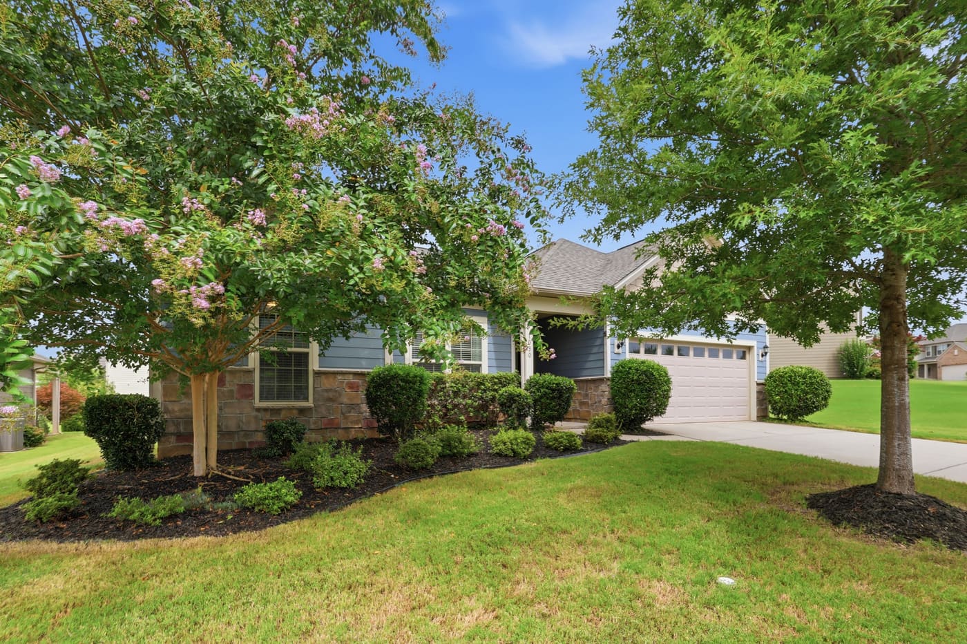 The front of the house in daylight, framed by a mature tree on the front lawn.