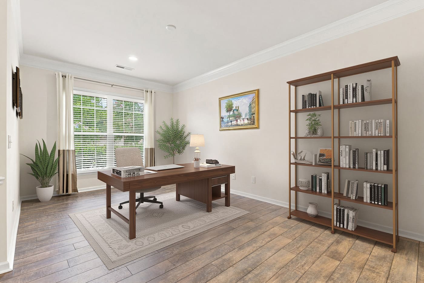 The same flex room shown with a desk, chair and open bookshelves added digitally.